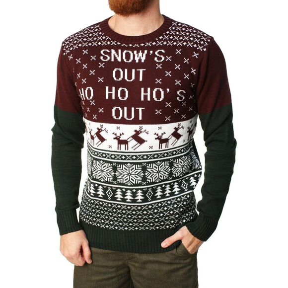 Ugly Christmas Sweater "Snow's Out Ho Ho Ho's Out" Maroon Green Deer Mens Sz L - Picture 1 of 5